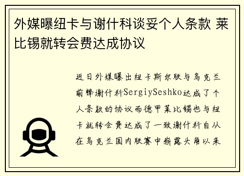 外媒曝纽卡与谢什科谈妥个人条款 莱比锡就转会费达成协议