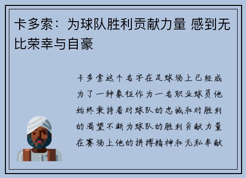 卡多索：为球队胜利贡献力量 感到无比荣幸与自豪