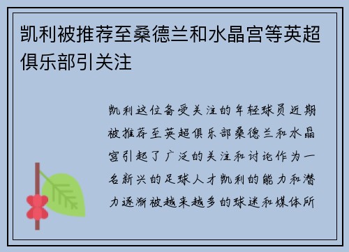 凯利被推荐至桑德兰和水晶宫等英超俱乐部引关注