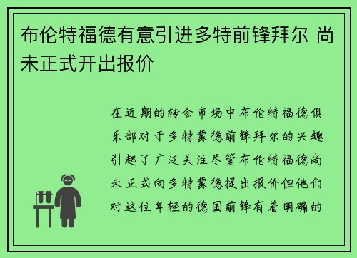布伦特福德有意引进多特前锋拜尔 尚未正式开出报价