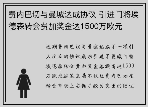 费内巴切与曼城达成协议 引进门将埃德森转会费加奖金达1500万欧元