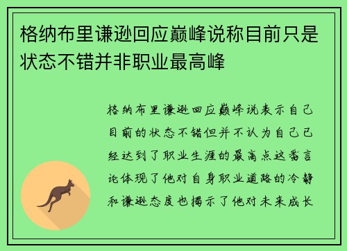 格纳布里谦逊回应巅峰说称目前只是状态不错并非职业最高峰 格纳布里谦逊回应巅峰说称目前只是状态不错并非职业最高峰